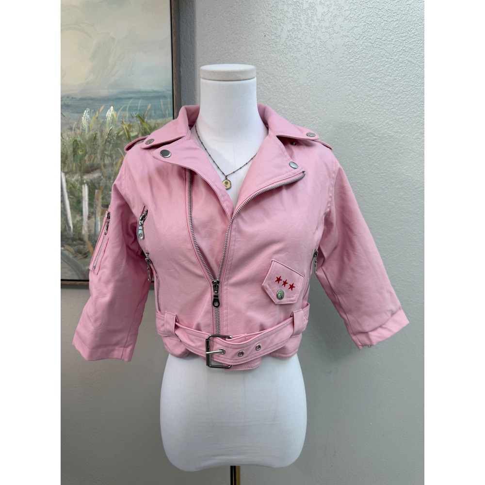 Girls Pink Faux Leather Moto Jacket Eagle USA Embroidered Biker‎ Jacket 7T